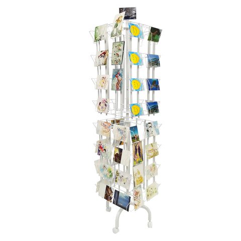 64 Adjustable Pockets Display Rack 5x7 7x5 up to 9.3 Wide X 8 Tall Cards, 1.27 deep Pockets, Double Tier Greeting Post Card Christmas Holiday Spinning Rack Stand White 10139-WHITE