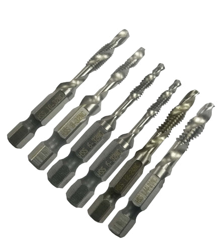 6PC SAE Drill Tap Combination Bit Set Deburr Countersink Hex Bit HSS 1/4 Shank