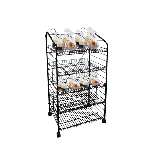 FixtureDisplays? 24.8 X 16.5 X 48 Bakery Display Rack w/Wheels, 5 Adjustable Shelves & 2 Sign Holders - Black