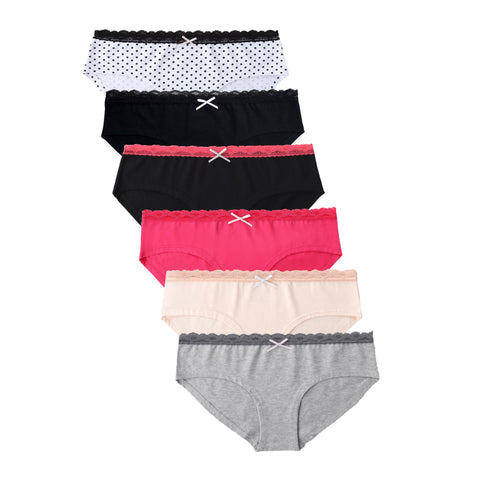 6PK Womens Cotton Underwear Lace Hipster Panties Briefs Assorted Colors 21803-L