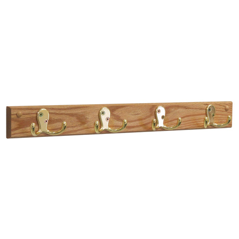 4 Double Prong Hook Rail/Coat Rack, Brass/Light Oak 104270