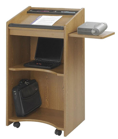 Podium for Floor, Side Shelf, Open Back with Shelf, Wheels, MDF - Medium Oak 119707