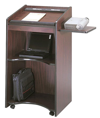 Podium for Floor, Side Shelf, Open Back with Shelf, Wheels, MDF Mahogany