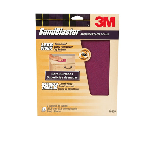 3M 20150-CC 9" X 11" 150 GRIT MAROON SANDBLASTER BARE SURFACES SHEETS 3PK 17044