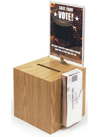 8.5"L x 9.0"W x 20.0"H Wooden Ballot Box w/ 8.5 x 11 Header, Lock Side Pocket - Oak 19249