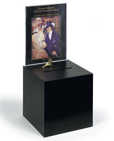 9.0" x 20.0" x 9.0" Wooden Ballot Box w/ 8.5 x 11 Header, Pen Lock, Wall Mount - Black 19250