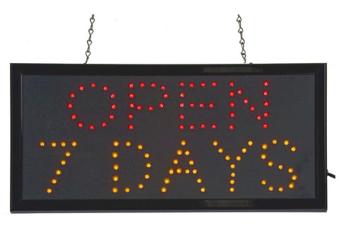 OPEN 7 DAYS Animated LED Sign with Hanging Chain, Rectangular Red Yellow