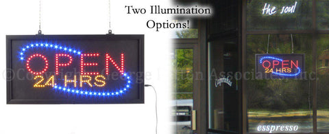 OPEN 24 HRS Animated LED Sign with Hanging Chain, Rectangular
