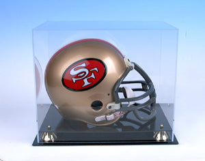 Football Helmet Display Case with black acrylic base and gold risers 100023