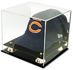 Acrylic Baseball Cap Display Case with black acrylic base and gold risers 100032