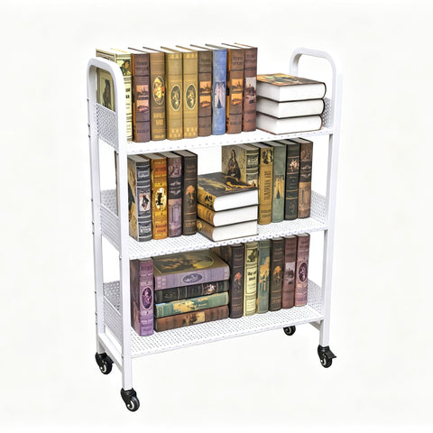 30  3-Tier White Metal Rolling Book Cart Library Book Truck 300LB Capacity 10264