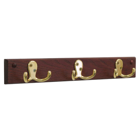 3 Double Prong Hook Rail/Coat Rack, Brass/Mahogany 104265
