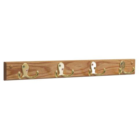 4 Double Prong Hook Rail/Coat Rack, Brass/Light Oak 104270