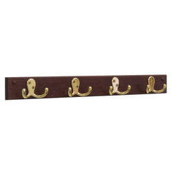 4 Double Prong Hook Rail/Coat Rack, Brass/Mahogany 104271