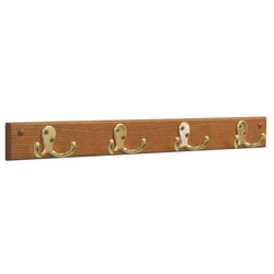 4 Double Prong Hook Rail/Coat Rack, Brass/Medium Oak 104272