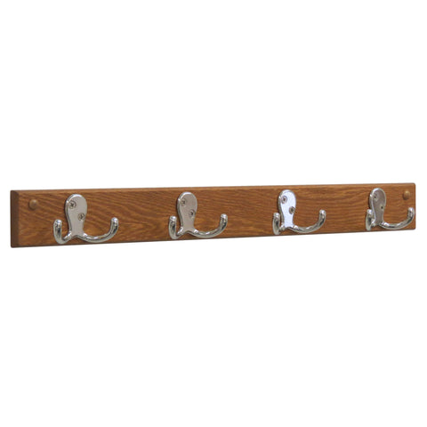 4 Double Prong Hook Rail/Coat Rack, Nickel/Medium Oak 104275