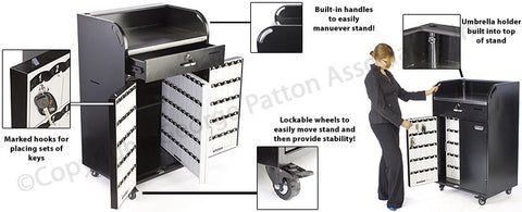 Valet Podium with Key Cabinet, Locking Drawer, & Wheels, 150 Hooks   Black