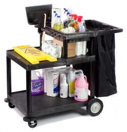 42 Janitorial Cart, 2 Shelves & Nylon Trash Bag   Black 119112