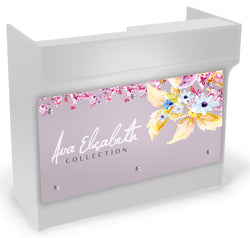 48 White Cash Wrap w/ Adjustable Shelves & Custom Graphic   Silver Standoffs