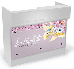 48 White Cash Wrap w/ Adjustable Shelves & Custom Graphic   Black Standoffs