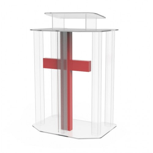 Podium, Clear Ghost Acrylic w/ 110V Lighted Cross Pulpit, Lectern   Assembled 11969 RED assembled