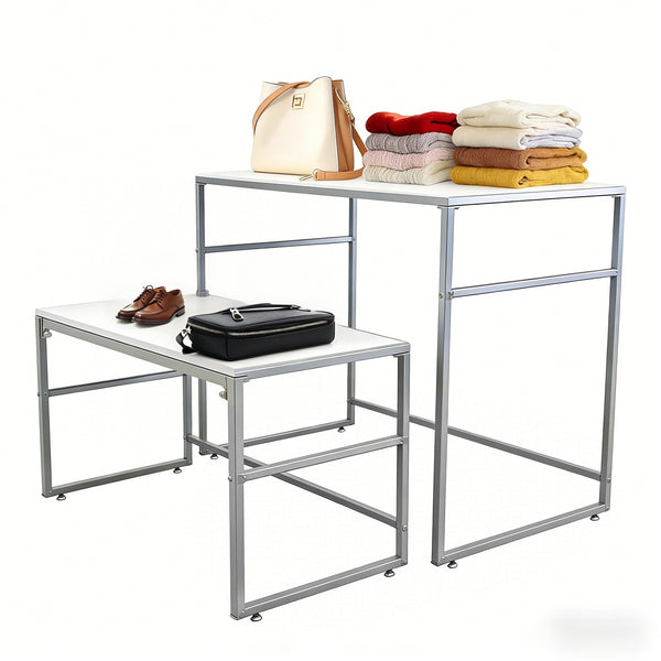 Nesting Display Tables, 6-Indentation Effect Top, Rectangular, Set of 2 (41.46 w x 24.02 d x 32.76, 38.7 w x 20.16 d x 23.23) White 119995