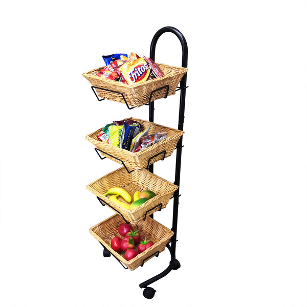 Rolling Wicker Basket Display Market Merchandiser Stand Kitchen Pantry Organizer 120009