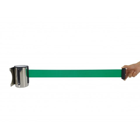 Stanchion Queue Barrier Post Wall Mount Retractable Ribbon 9.5' Belt Dark Green