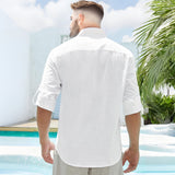 Size L Men's Casual Cotton Linen Button Down Henley Shirt Lightweight White 15814-L