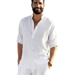 Size L Men's Casual Cotton Linen Button Down Henley Shirt Lightweight White 15814-L