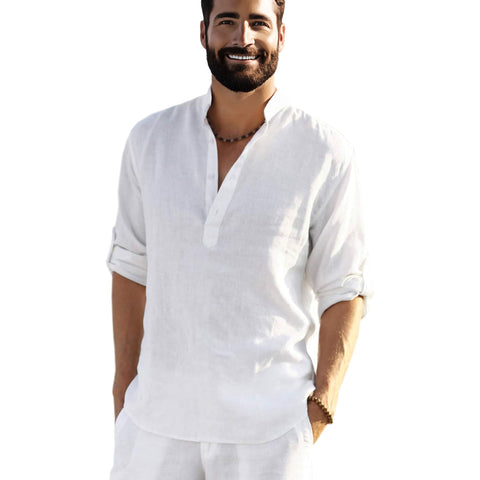 Size XL Men's Casual Cotton Linen Button Down Henley Shirt Lightweight White 15814-XL
