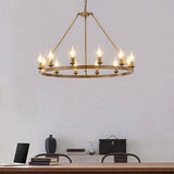 31.5 Inch Round Wagon Wheel Light,Imitated Wood Chandelier, 12 Lights, Farmhouse 15984