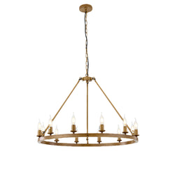 31.5 Inch Round Wagon Wheel Light,Imitated Wood Chandelier, 12 Lights, Farmhouse 15984