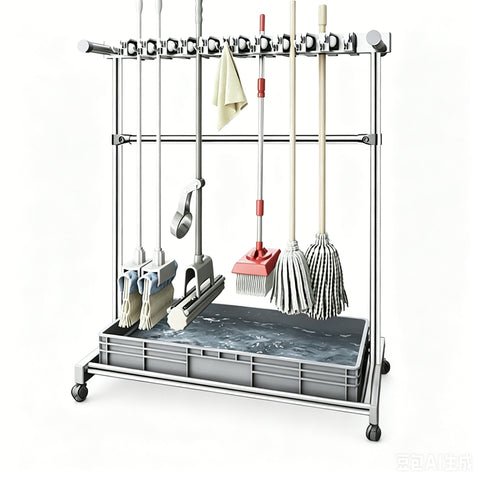 Mop Rack Drain PanTray MRO Stainless Steel Movable Broom Holder Organizer 16182