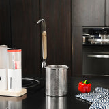 Kitchen 201 Stainless Steel Noodle Strainer, with Wooden Handle, 5X5.6X15" 18017-NEW VERSION