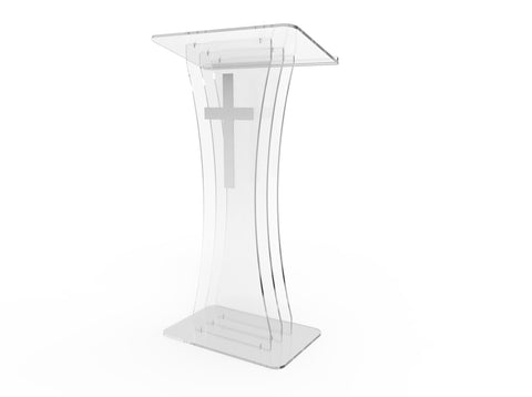 Clear Acrylic Lucite Podium Pulpit Lectern with White Cross