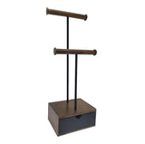 2 Tier Double T Bar Necklace Bracelet Jewelry Display Stand Wood Drawer Storage