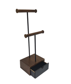 2 Tier Double T Bar Necklace Bracelet Jewelry Display Stand Wood Drawer Storage