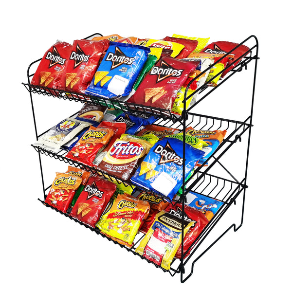 24 Wide X 14.9 Deep X 23.2 Tall 3-Open-Shelf Wire Rack for Countertop Chips Snack Book Display Organizer Concession Theatre Kitchen Pantry Stand Black 19396