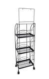 3 Tier Metal Shelving Display w/ Wheels & Removable Sign Header, Black Finish