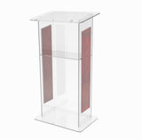 Clear Acrylic Podium for Floor, Open Back with Shelf, Custom Logo   Wood Trim