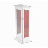 Clear Acrylic Podium for Floor, Open Back with Shelf, Custom Logo   Wood Trim