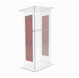 Clear Acrylic Podium for Floor, Open Back with Shelf, Custom Logo   Wood Trim