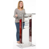 Clear Acrylic Podium for Floor, Open Back with Shelf, Custom Logo   Wood Trim