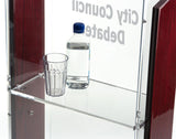 Clear Acrylic Podium for Floor, Open Back with Shelf, Custom Logo   Wood Trim
