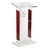 Clear Acrylic Podium for Floor, Open Back with Shelf, Custom Logo   Wood Trim