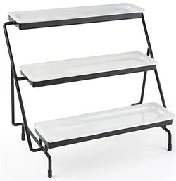 3 Tier Wire Serving Platter w/ (3) 1 Depth Porcelain Dishes   Black and White