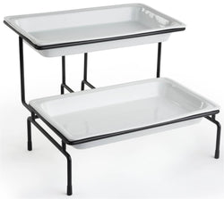 2 Tier Wire Serving Platter w/ (2) 3 Deep Porcelain Dishes   Black and White