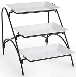 3 Tier Wire Serving Platter w/ 3 Melamine Dishes   Black and White 19668