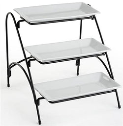 3 Tier Wire Serving Platter w/ 3 Porcelain Dishes   Black and White 19669